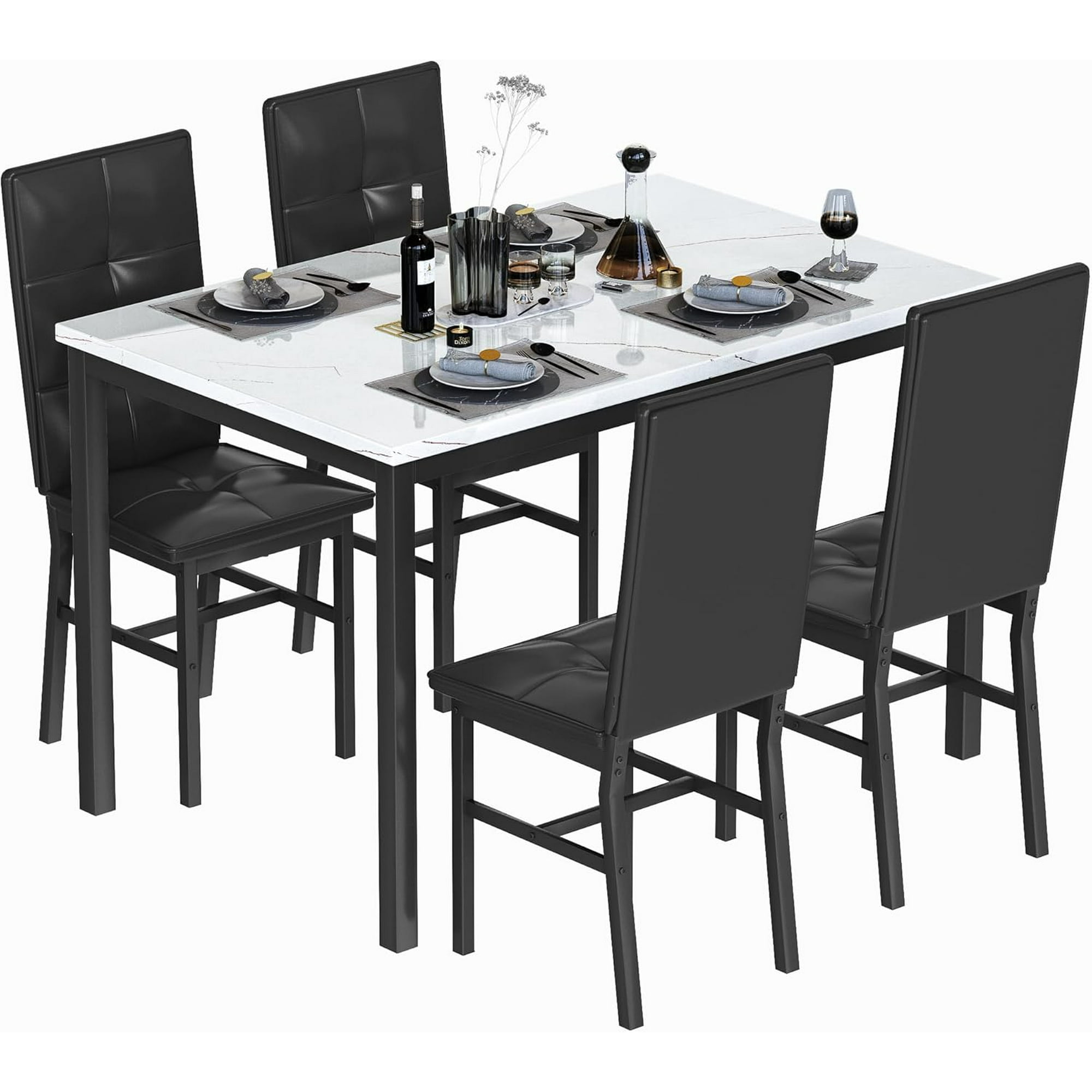 4-Person Dining Set: Modern Marble-Effect Dining Table with 4 PU Leather Upholstered Chairs. Kitchen dining furniture suitable for kitchens, dining rooms, and apartments.