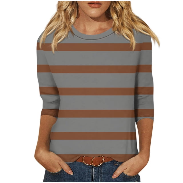 Annhoo Hauts d'Automne pour Femmes 2025 Mode Manches 3/4 Col Rond Chandail Chemises Confort Décontracté Imprimé Rayures Blouses