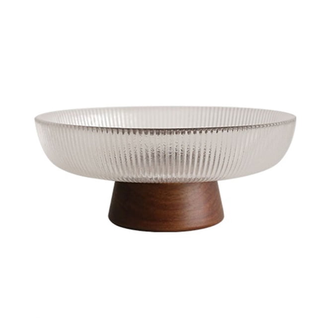 Frutero de cristal acanalado con base de madera. Plato decorativo moderno for servir en la mesa de la cocina o el comedor.