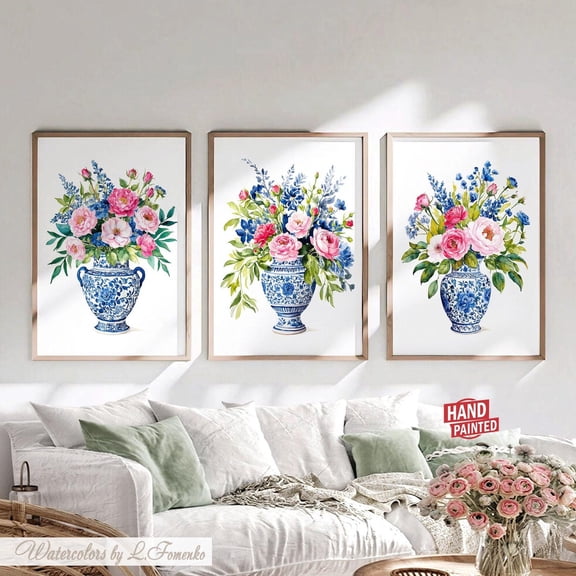 UNFFRAMED Peony Flowers Wall Art Prints, Blue And White Vase Chinoiserie Decor, Pink Roses Floral Set 3 Prints 8x12