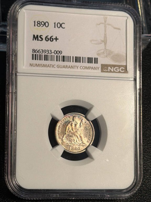 1890 Liberty Seated Dime NGC MS-66+ PRETTY TONING