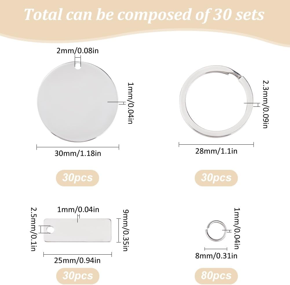 30 Sets Keychain Making Kits Blank Stamping Tags Blank Key Ring Tags Metal Stamping Blanks Laser Engraving Stamping Keychains for DIY Craft Gifts Graduation Birthday Holiday Supplies
