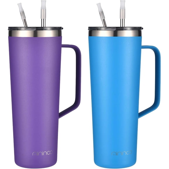 mininoo 24 oz Tumbler with Handle, Insulated Travel Coffee Mug with Lid and Straws, Stainless Steel Coffee Tumbler Leak-proof