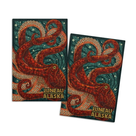 

Juneau Alaska Octopus Mosaic (4x6 Birch Wood Postcards 2-Pack Stationary Rustic Home Wall Decor)