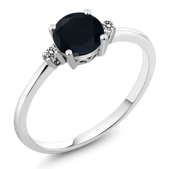 Gem Stone King 10K White Gold Black Onyx and White Diamond Solitaire Engagement Ring for Women (0.83 Cttw, Round 6MM, Gemstone December Birthstone, Size 8)