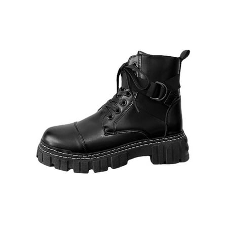 

Tenmix Mens Comfort Work Boots Outdoor Slip Resistant Buckles Winter Shoes Daily British Style Booties Black 7