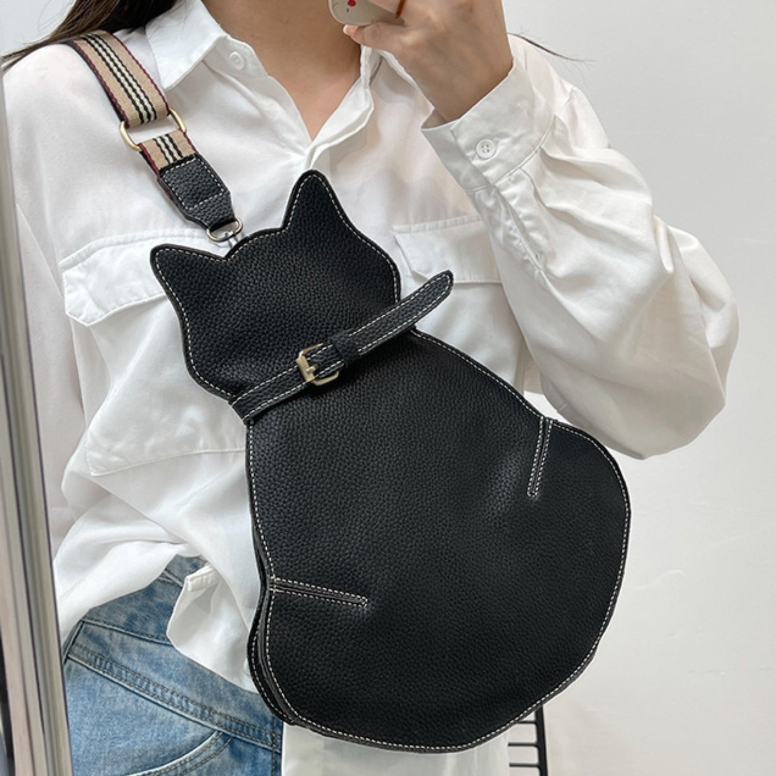 Mepaouo Cute Cat Crossbody Bags for Women Cell Phone Shoulder Handbag Chest Bag with Wide Strap(Black)