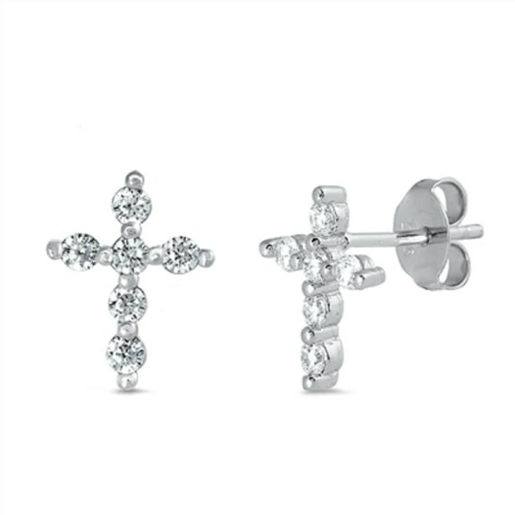 Round Clear CZ Small Cross Stud Earring Sterling Silver