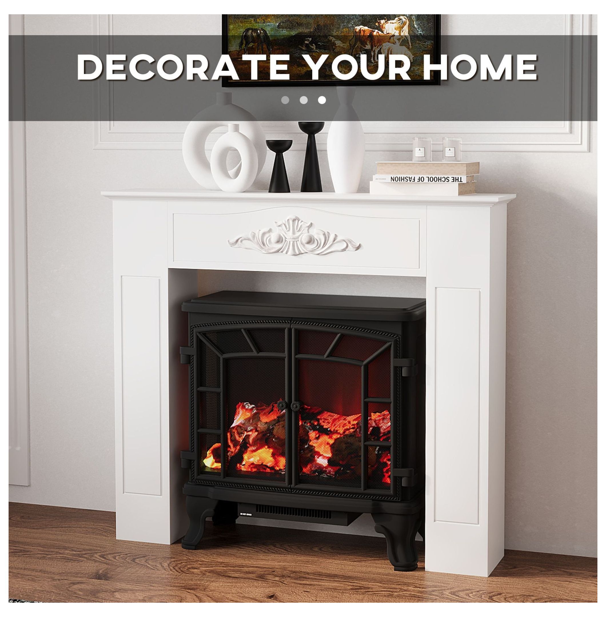 Fir Wood Fireplace Mantel Surround 44.75", Distressed White, Freestanding Electric Fireplace, Living Room Decor