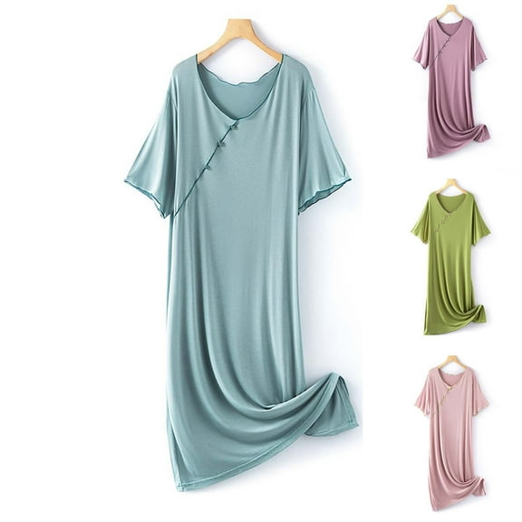Feancey Women's Lounge Nightgowns Summer Short Sleeve Scoop Neck Sleep Dress Solid Color Casual Soft Nightdress Comfy Loose Homewear Flash Clearance Sale Pink Free Size