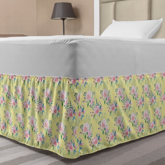 Watercolor Bed Skirt, Spring Theme Hand Drawn Flowers, Elastic Bedskirt Dust Ruffle Wrap Around for Bedding Decor, 4 Sizes, Pale Yellow Pale Pink, by Ambesonne