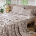 thumbnail image 3 of MooMee Gingham Sheet Set 100% Washed Cotton Linen Like Textured Extra Deep Pocket Breathable Lightweight 4-Piece (Brown, Queen), 3 of 9