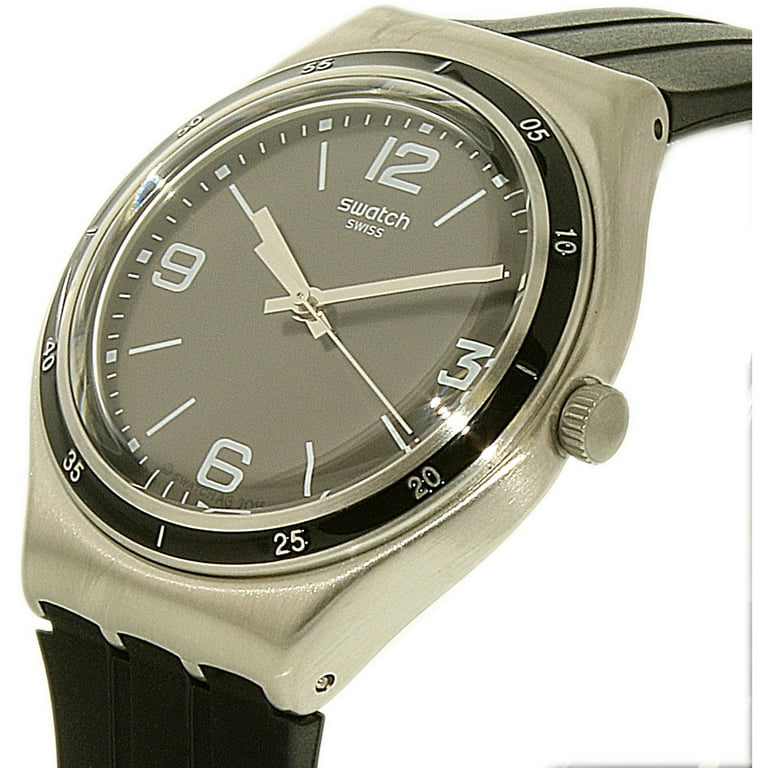 Swatch Men s Shiny Black YGS132 Silver Black Rubber Swiss Quartz Dress Watch