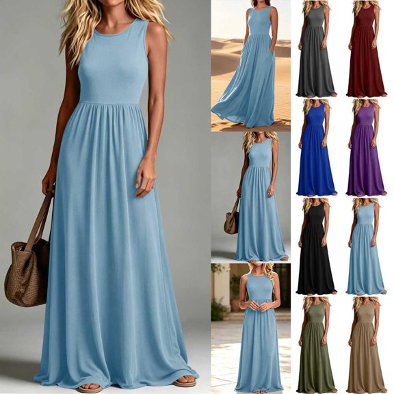 Bxsruta Womens Maxi Dress Casual Long Flowy Summer Sundress Sleeveless Crew Neck Pleated Dresses