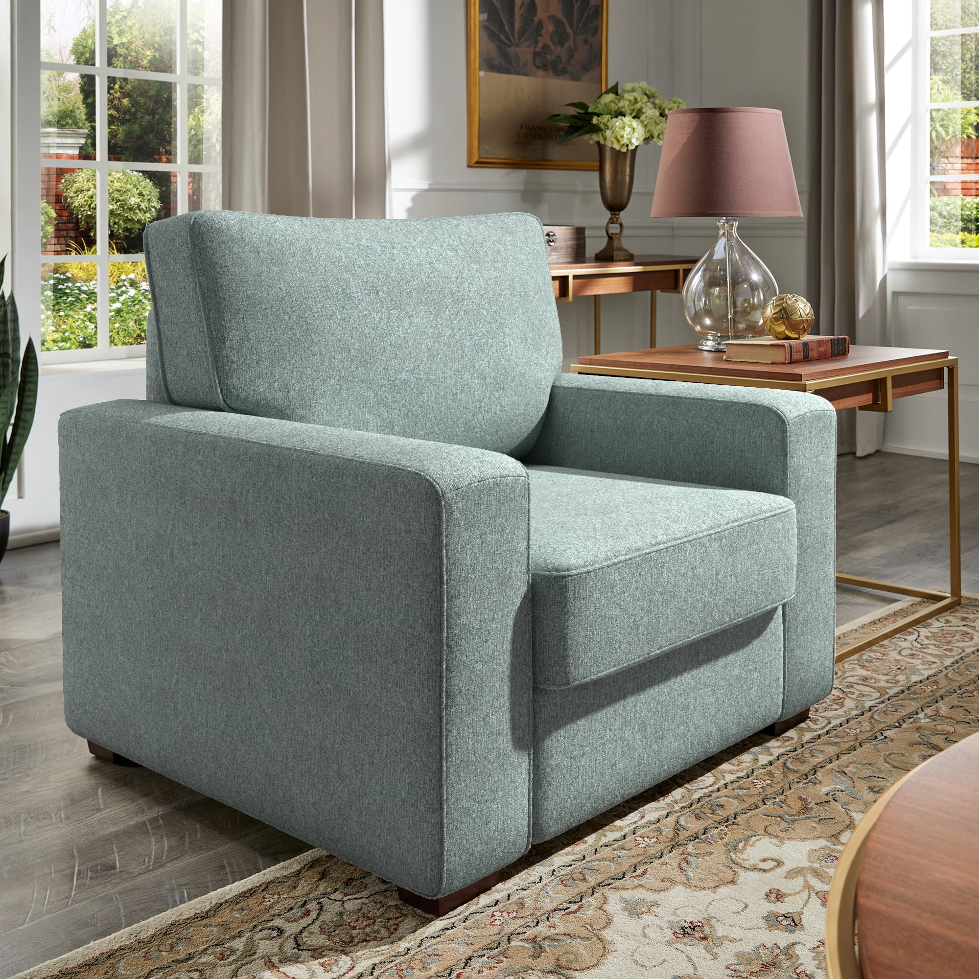 Weston Home Svolvar Modern Fabric Upholstered Square Arm Accent Chair, Sea Mist Green Fabric