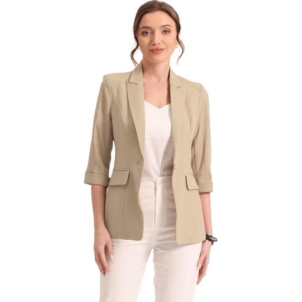 Chaqueta Tipo Cárdigan de Traje Formal con Mangas 3/4 y Solapa para Mujer Albaricoque S