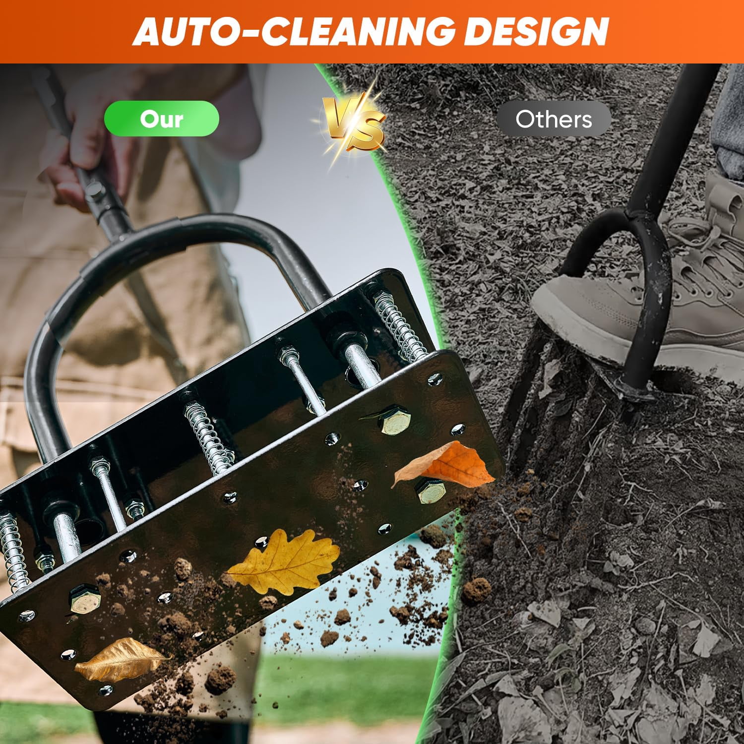 Manual Lawn Aerator Tool  With 15 Iron Spikes Adjustable Height Double-layer Spring Heavy-duty Gloves For Loosening Soil Aerating Patio Yard Garden Orange