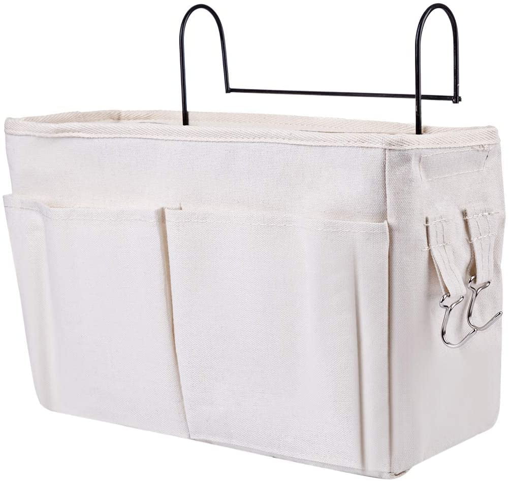 Bedside Storage Pocket Hanging Storage Bag Bed Shelf Caddy Pocket Nightstand Organizer Basket for Bunk Bed Dorm Rooms White 