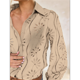 thumbnail image 5 of Blusa de Mujer con Mangas Largas Abullonadas, Cuello en V, Botones, Encaje Calado y Bordado Albaricoque L, 5 of 10