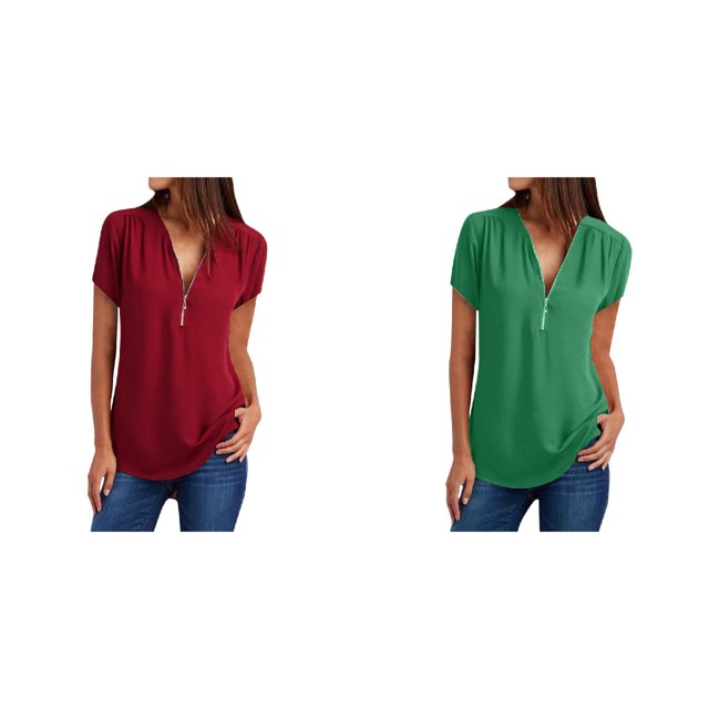 (Lot de 2) Rinsvye T-Shirt Ample Décontracté à Fermeture Éclair Col à Manches Longues pour Femmes