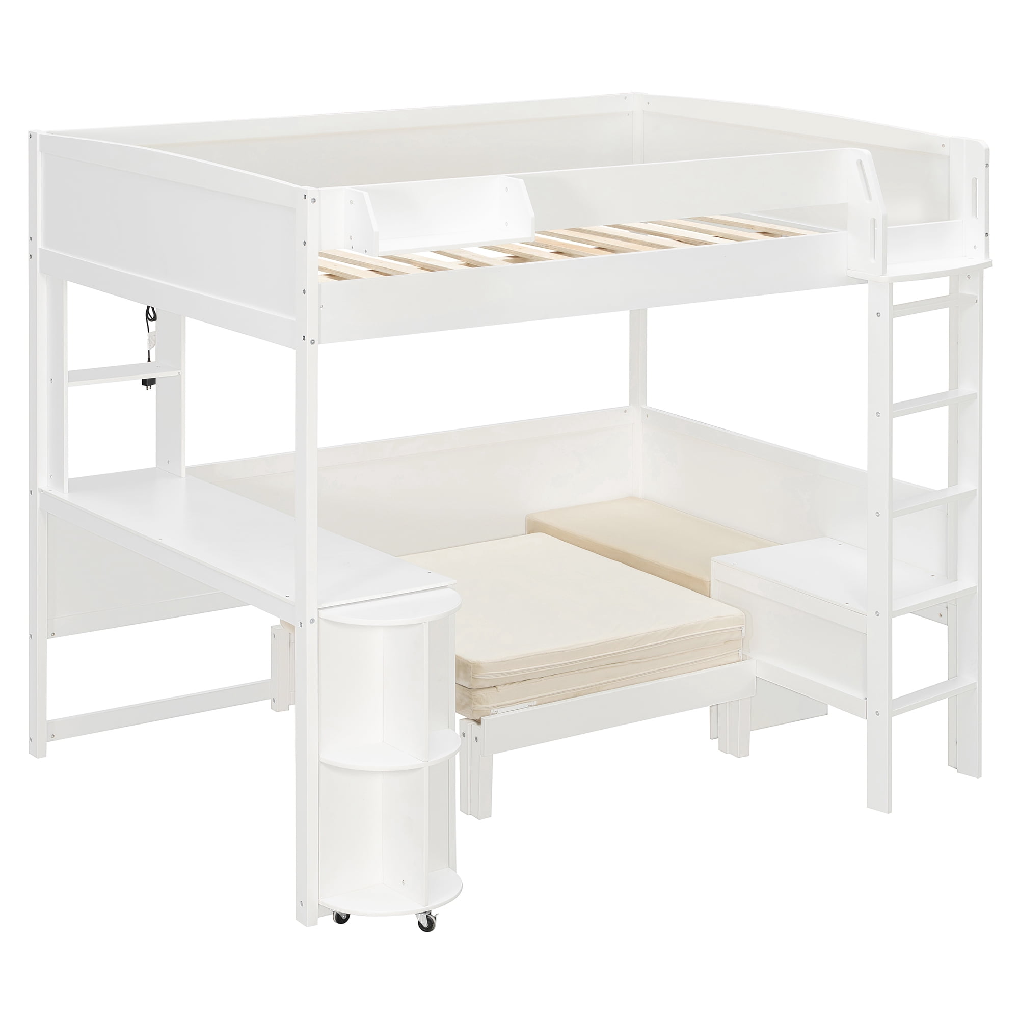 Mintazer Full Size Loft Bed with Desk, LED Light, Bedside Storage Shelf & Sofa Bed Space Saving for Apartment, Bedroom, White