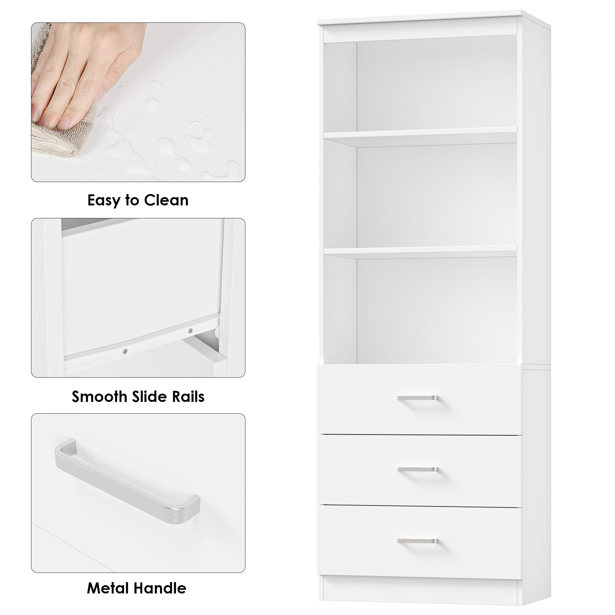Homfa 71" Tall Bookcases with 3 Large Drawers, 3 Tier Wooden Storage Bookshelf for Living Room Home Office, White