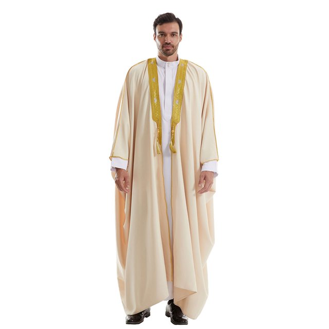 Male Solid Color Long Sleeve Robe - Arabic Style Middle Eastern Thobe - Polyester/Spandex Blend for Warmth and Comfort