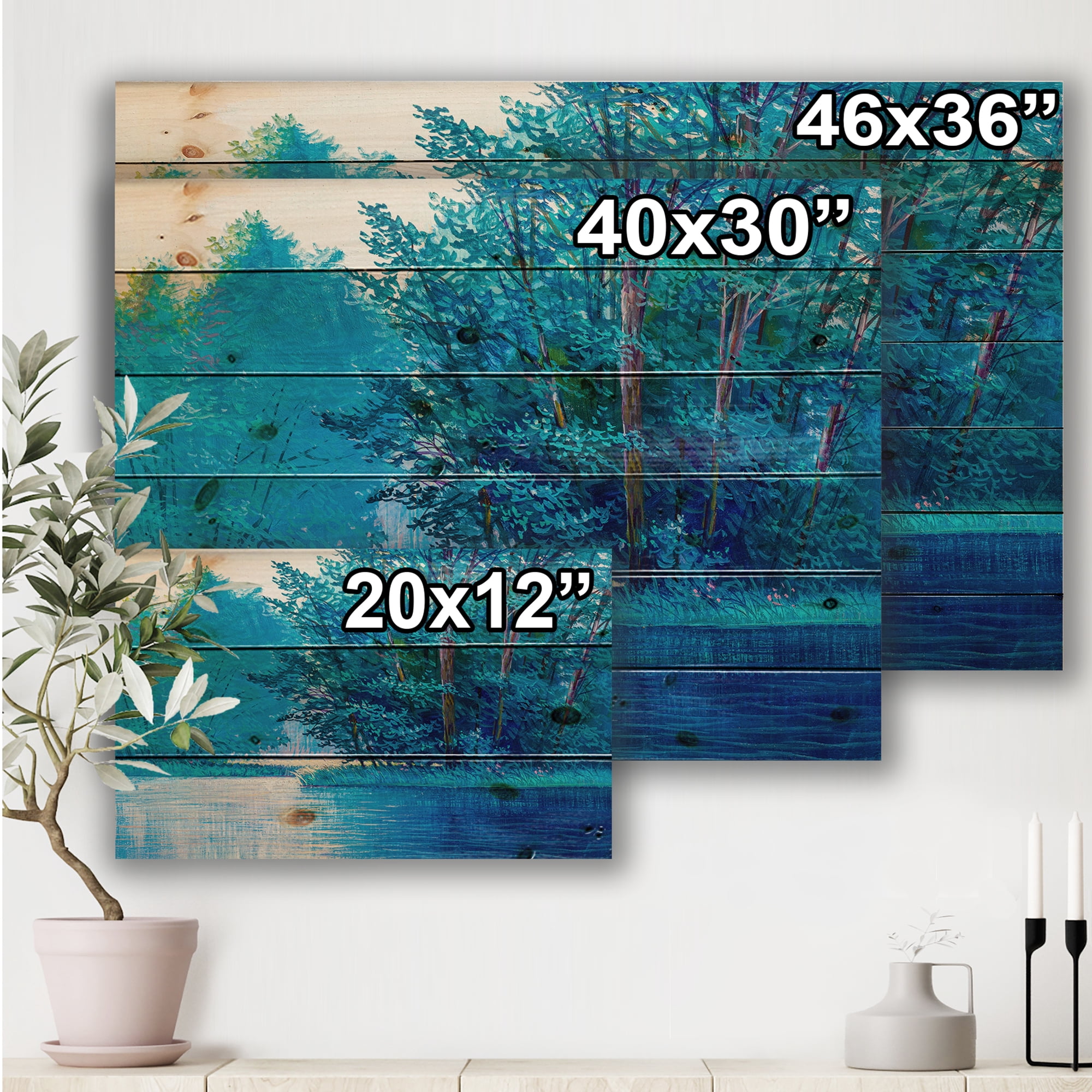 Designart 'Summer Forest With River And Waterfall' Farmhouse Print on Natural Pine Wood
