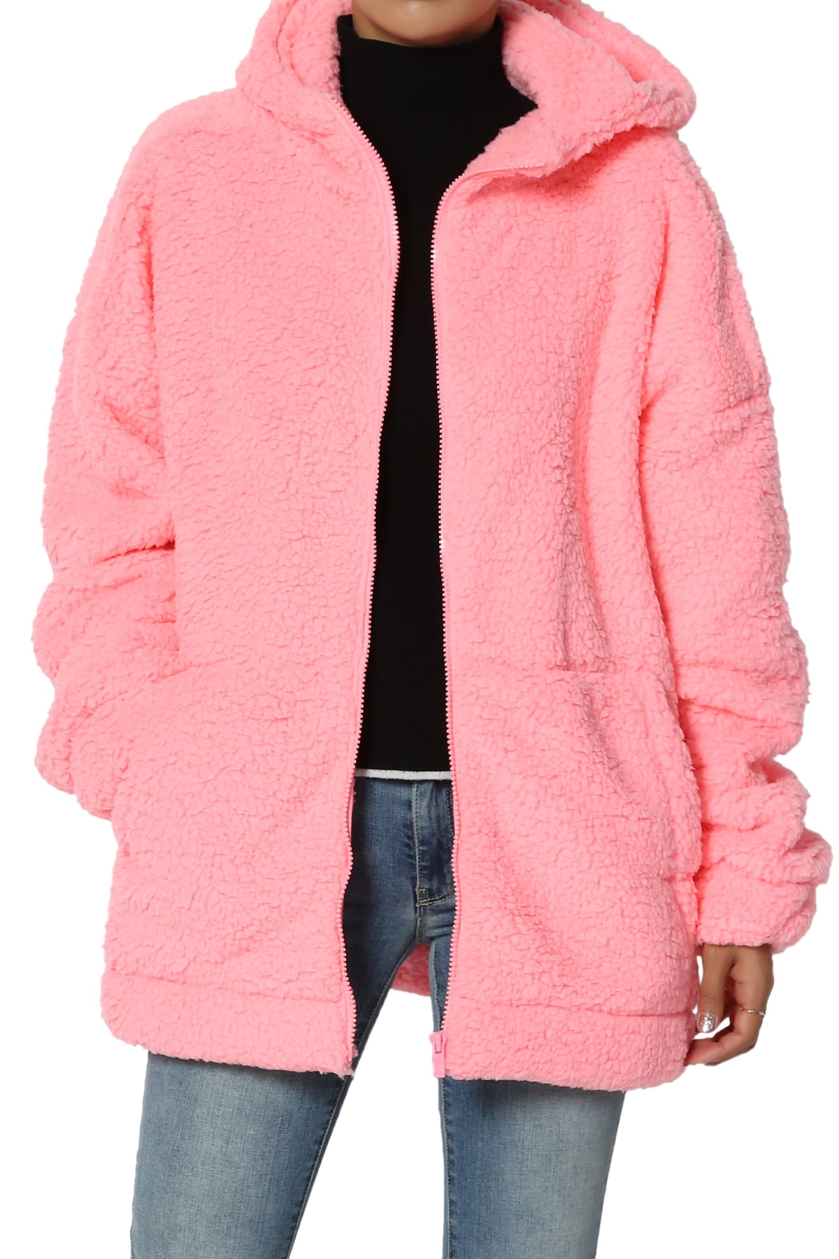 TheMogan Women's S~3X Oversized Soft Teddy Sherpa Fleece Hooded Zip
