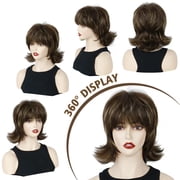QUEENTAS Mullet Wig Short Brown Wigs for Women Synthetic Brown Wig with Bangs Mix Blonde Highlights