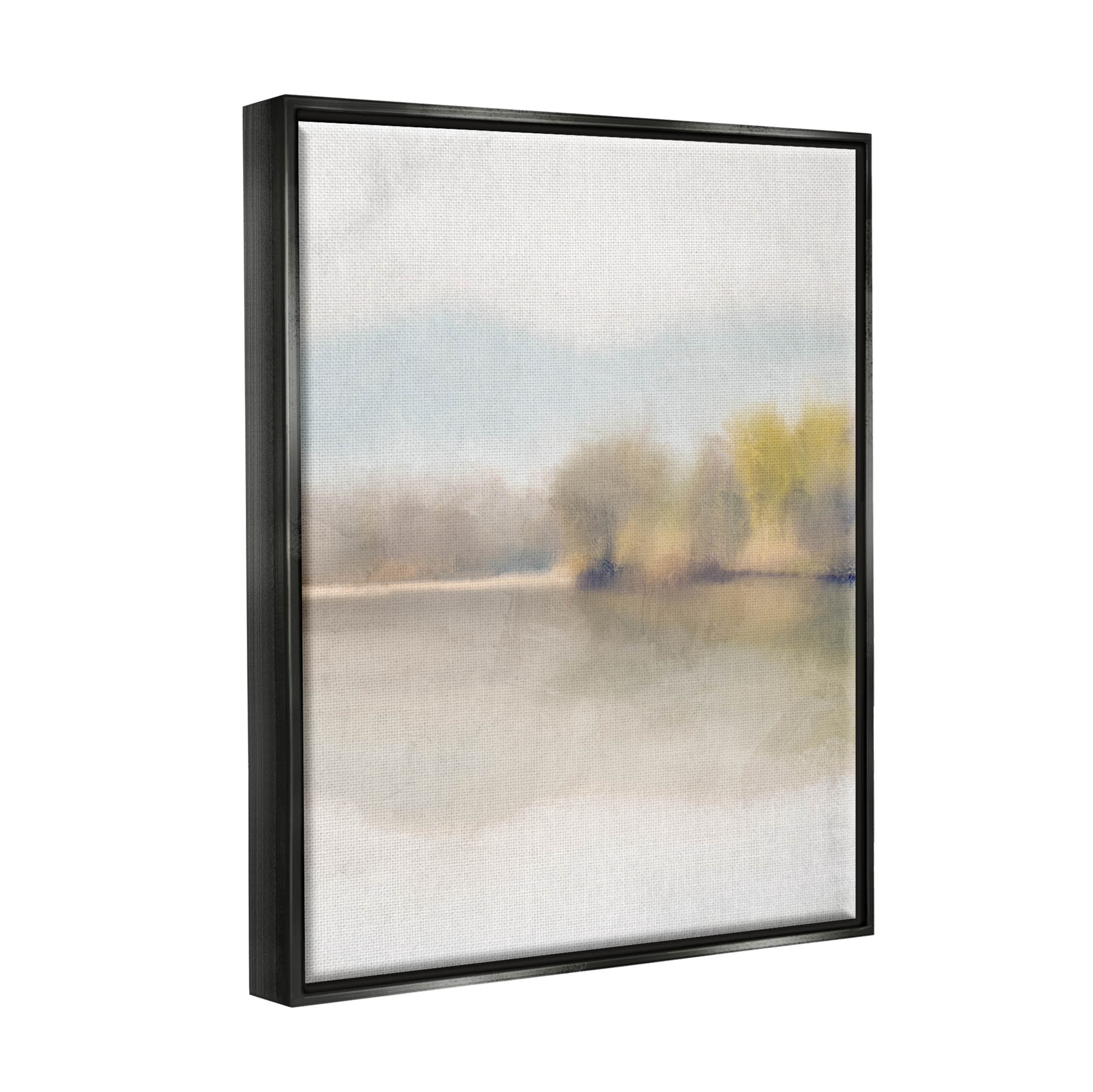 Stupell Industries Misty Distant Lake Landscape Design Graphic Art Jet Black Floating Framed Canvas Print Wall Art, Design by Kim Allen