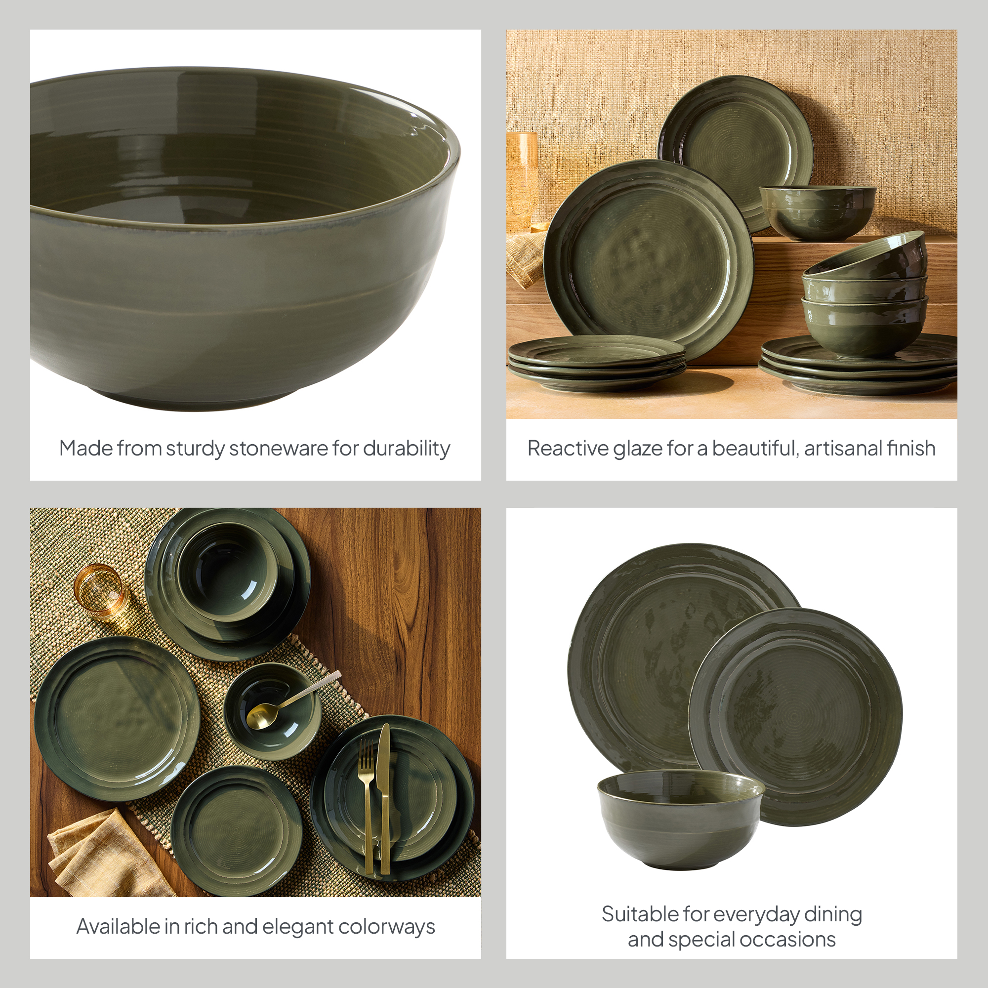Better Homes & Gardens Artisan Stoneware Dinnerware Set, Green, 12-Piece photo 3