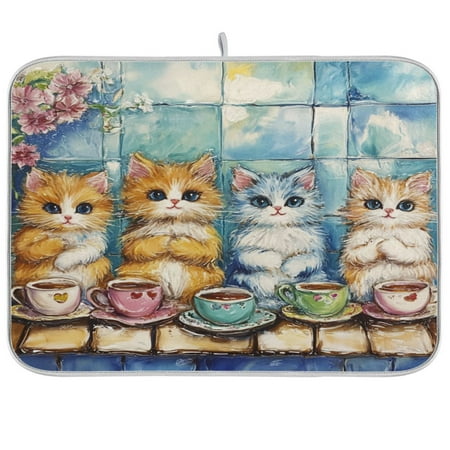 

Dish Drying Mat Multi-functional Absorbent Kitchen Drying Mat Foldable Drying Mat for Kitchen Drainer Rack 18 x24 Cute Cartoon Cats Coffee