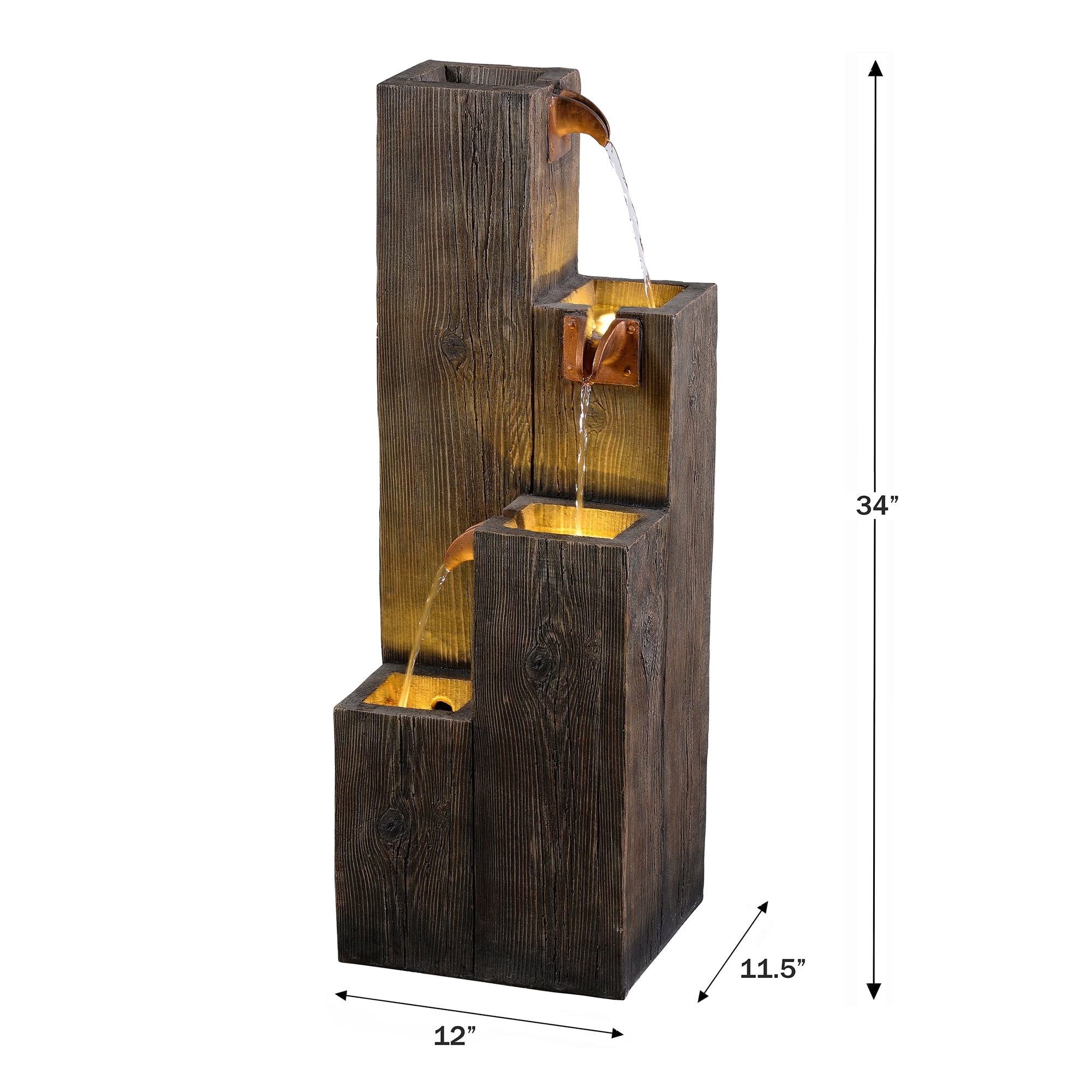 Hi-Line Gifts LED Lighted Cascading Wooden Textured Outdoor Garden Water Fountain - 33.75"