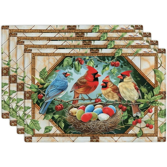Spring Birds Tree Branches Placemats Set of 4, Cardinal Bluebird Bullfinch Dining Table Place Mats, Summer Seasonal Farmhouse Kitchen Decor Home Decoration 12 x 18 Inch