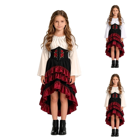 LYHaoo Girls Child Outfits For Halloween Medieval Outfit For Girls Seafaring Adventure Dress,Dress Up Outfits(8-9 Years)