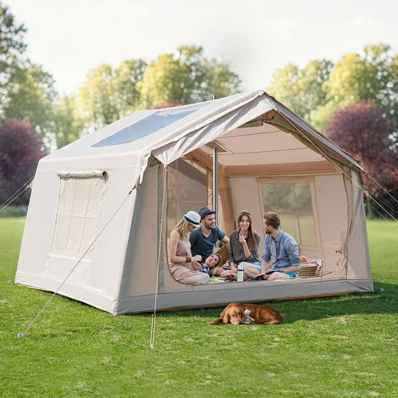 Slsy 6-8 Person Inflatable Camping Tents with Hand Pump & Carry Bag, Air Glamping Tents, Easy Setup Waterproof Windproof Blow up Tent, 4 Seasons Oxford Cabin Tent with Dual Mesh & Chimney Window