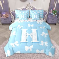 Homewish Kawaii Bow Letter H Bedding Comforter Set for Girl, Blue Cartoon Monogrammed Twin Comforter Sets, Cute Princess Bow-tie Reversible Bedding Set, Luxury Bedroom Decor, 2 Pieces