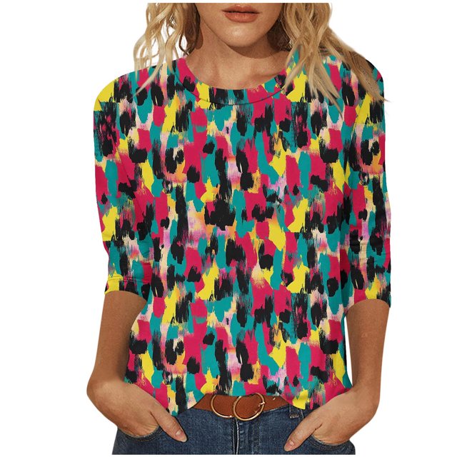 yoeyez T-Shirts à Manches 3/4 pour Femmes Col Ras du Cou Coupe Ajustée T-Shirts Western Hauts et Chemises à Fleurs pour Dames T-Shirts Basiques Unis Offres à Durée Limitée Rouge P