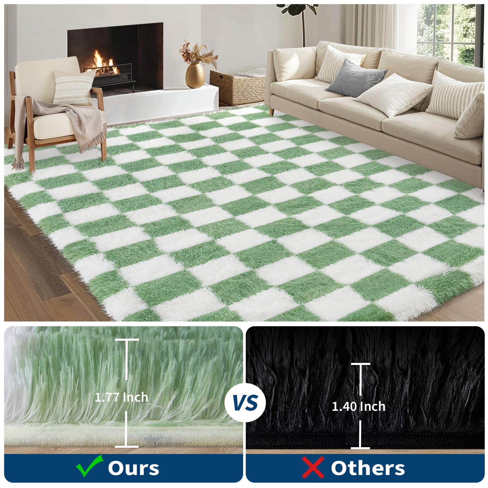 COZONY 2x6 Checkered Thick Runner Rug, Soft Plush Shag Area Rug with Non-Slip Backing for Entryway or Nursery, Green