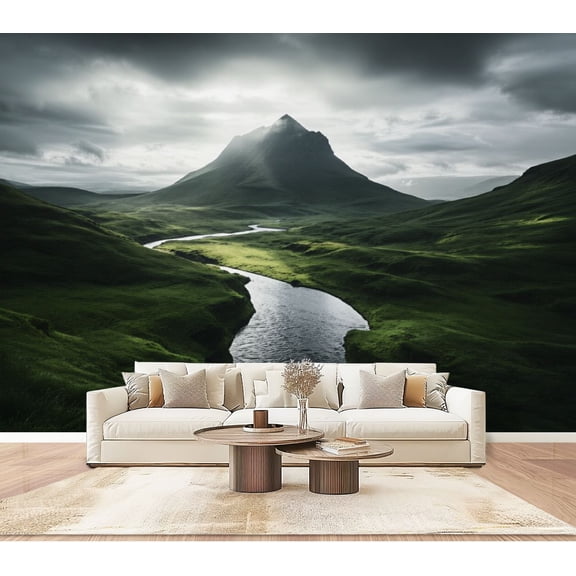 Wallpaper Green Landscape Stream Majestic Mountain Peak Peel and Stick Wall Murals 100"H x 144"W Removable PVC Wall Paper Self-Adhesive Wall Paintings Art Decor for Bedroom Living Room