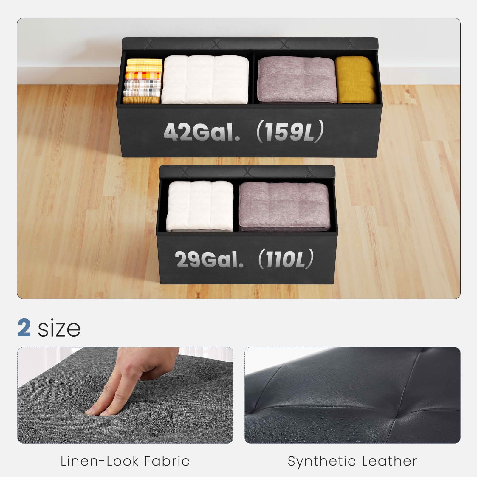 MAYEERTY 43in Foldable Storage Ottoman Foot Rest Stool Synthetic Leather Thicker Foam Seat
