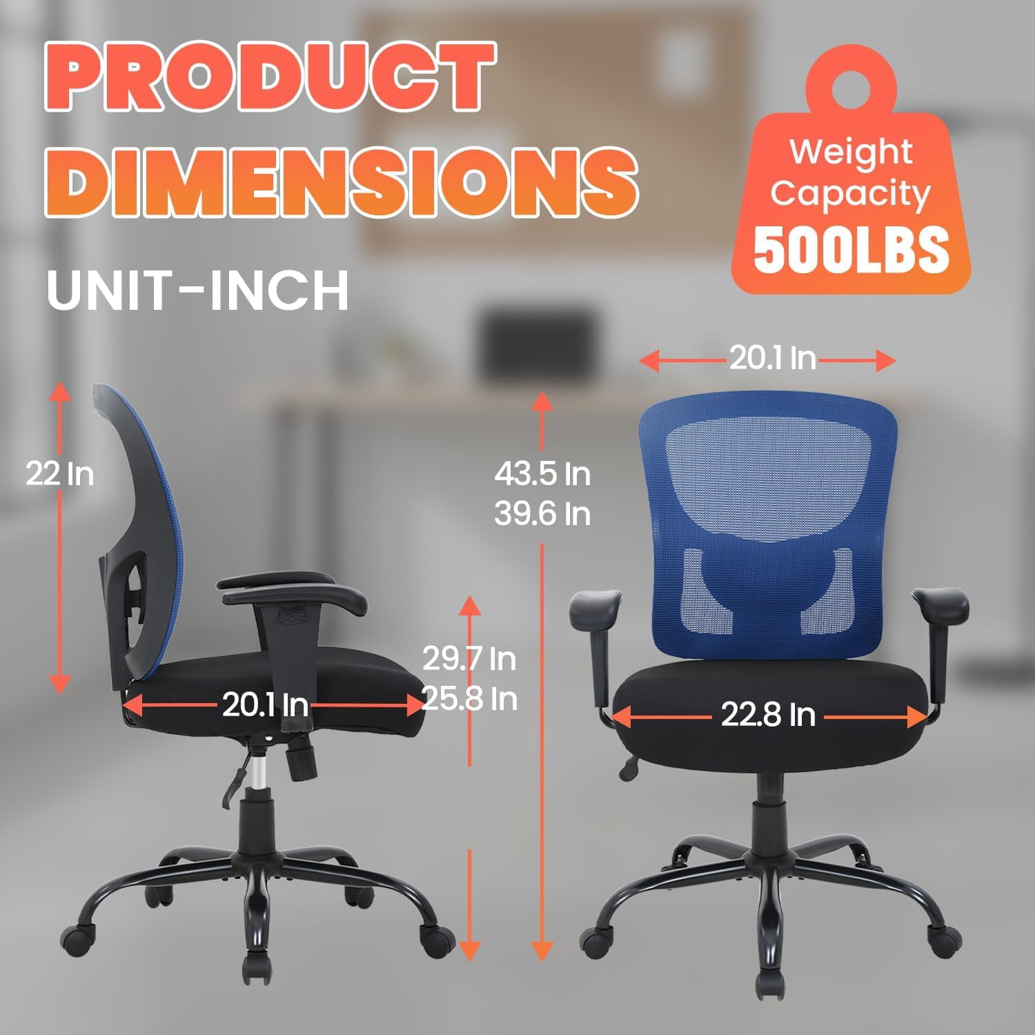 BORGEBY Big and Tall Office Chair Heavy Duty 400LBS Computer Desk Chair with Lumbar Support Ergonomic High Back Task Rolling Swivel Mesh Chair for adult,Blue