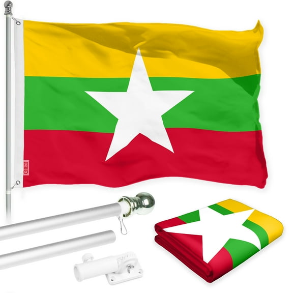 G128 Combo Pack: 6 Ft Tangle Free Spinning Flagpole (Silver) & Myanmar Flag 3x5 Ft Printed 150D Polyester, Brass Grommets (Flag Included) Aluminum Flag Pole