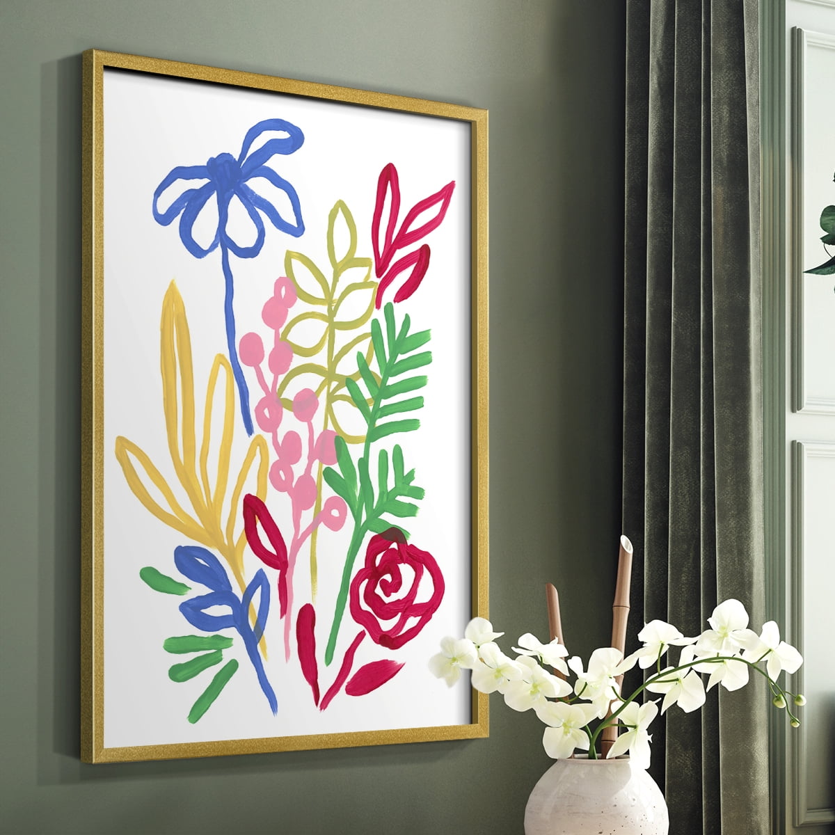 Bold Brushstroke Blooms I Framed Print in Gold Solid Wood Framed Print No Nail Hanging