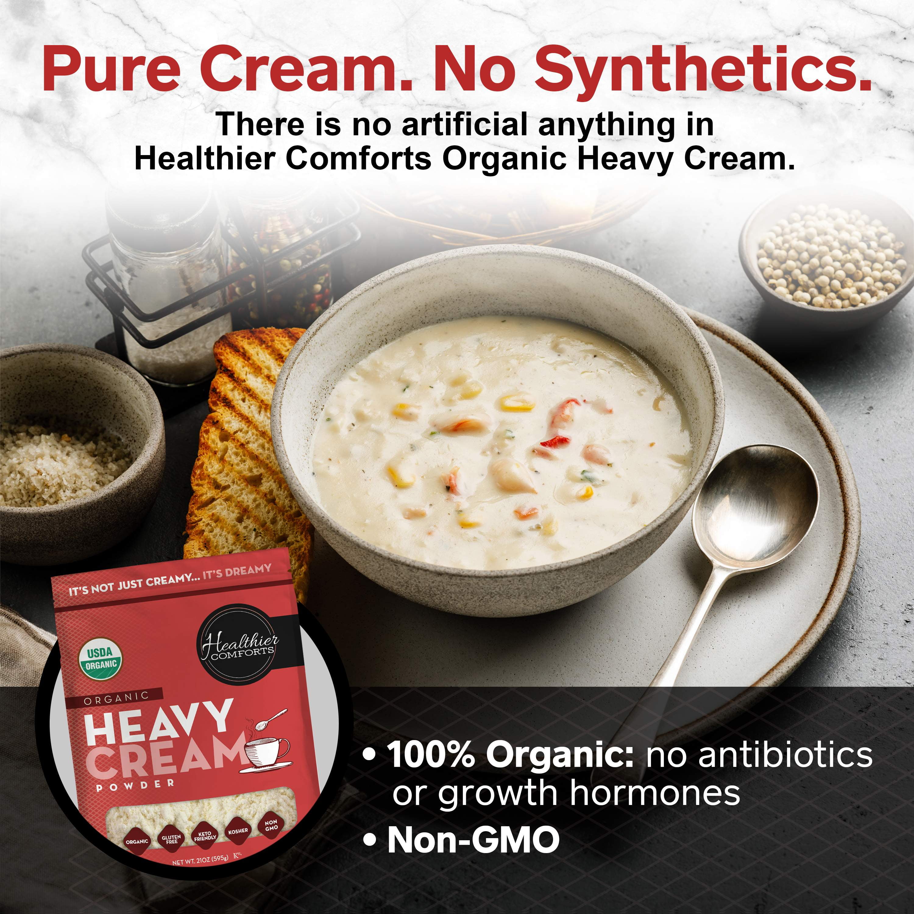 Healthier Comforts Organic Heavy Cream Powder 7oz | Kosher, Gluten Free, Non-GMO, and Keto Friendly | Long Lasting, Easy Sauces, Baking | Made in the USA