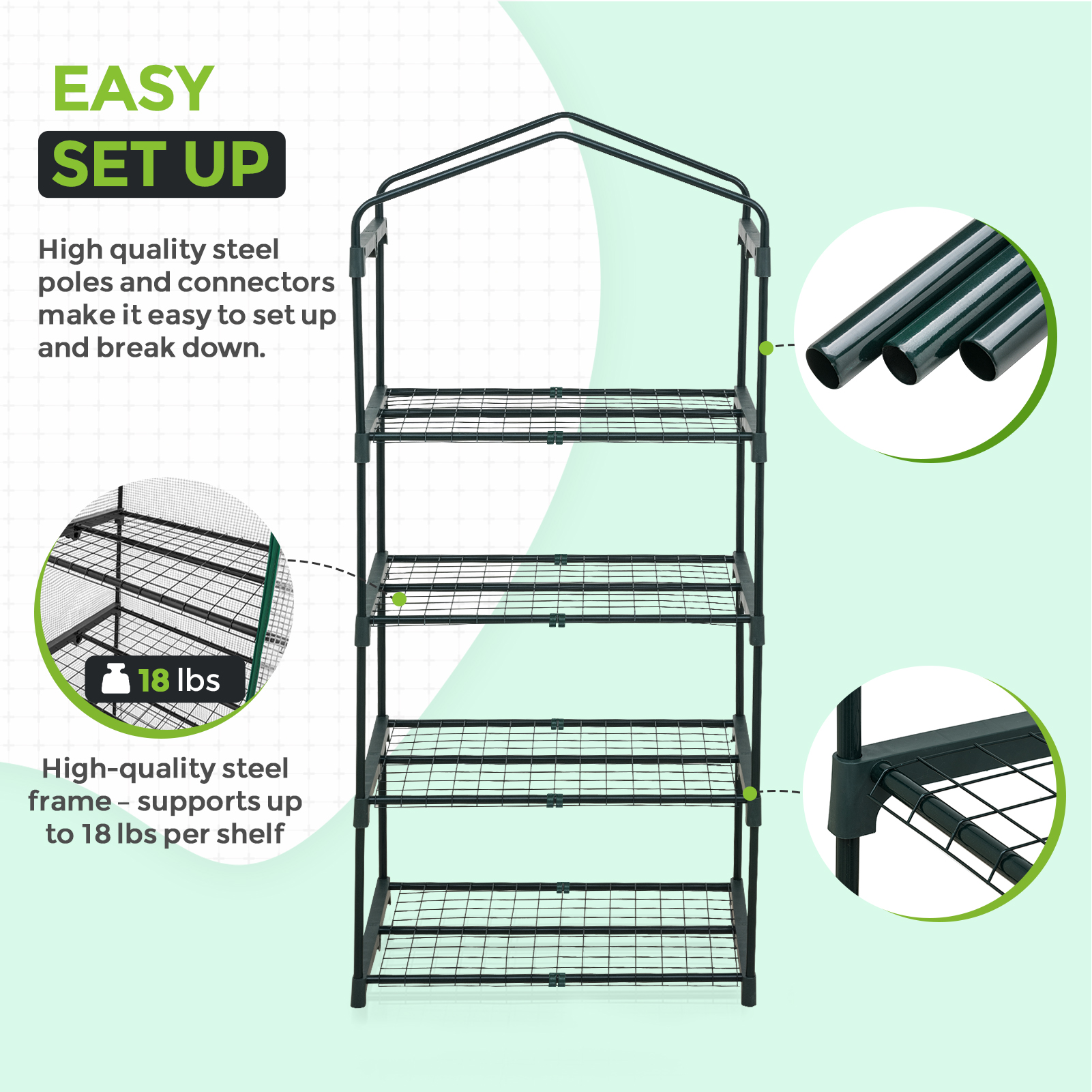 EAGLE PEAK Mini Greenhouse with Wire Shelves, Portable Green House with Roll-Up Zipper Door, 4 Tier, Clear/White PE Cover