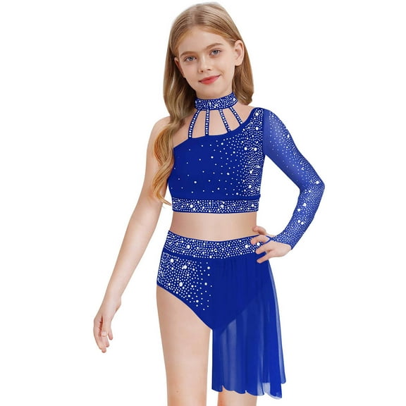 Nyeemya Kids Girls Lyrical Dance Outfit One Shoulder Sparkly Crop Top with Skirted Leotard Ballet Dress Blue 6