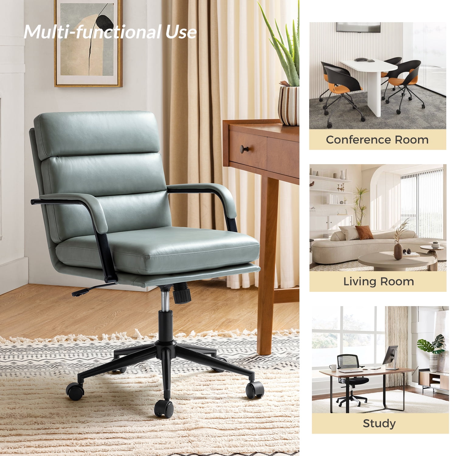 Ergonomic Office Chair Faux Leather Desk Chair Executive Swivel with High Back and Padded Cushion Sage