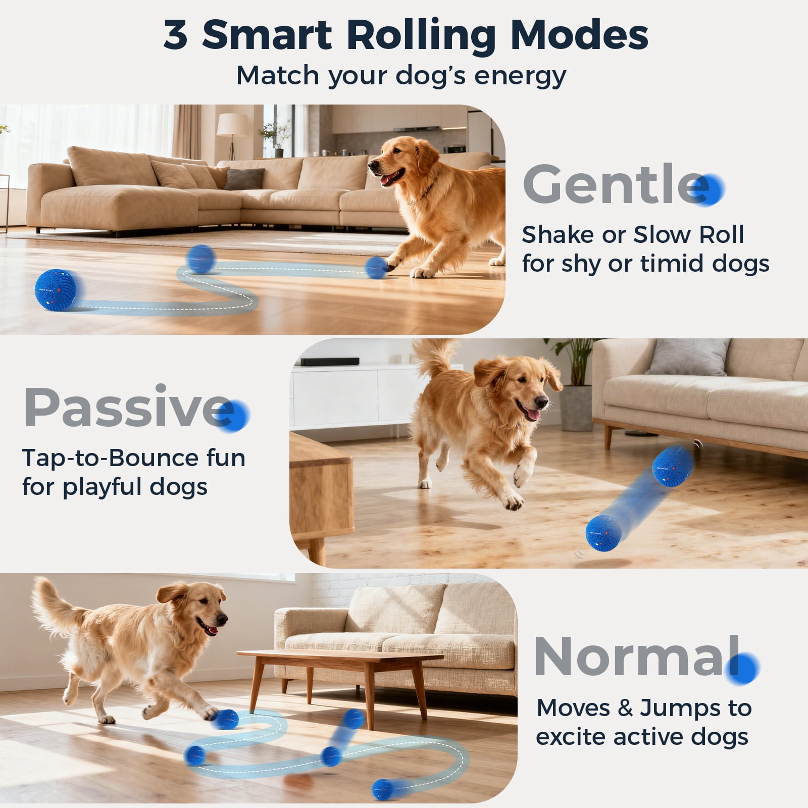 2 Pack Interactive Dog Balls - Auto Moving Bouncing Vibrating Washable Dog Toys for Large Medium Dogs, Type-C Rechargeable, Blue and Orange